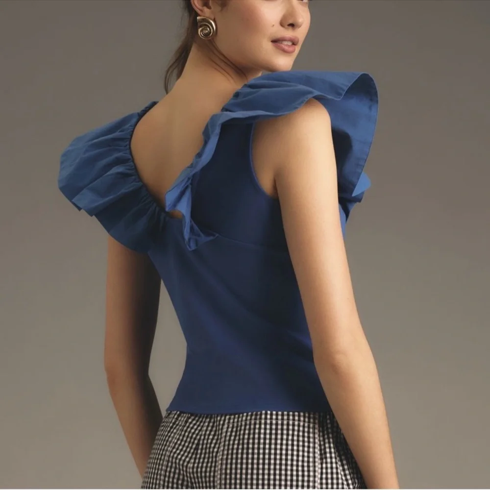 Anthropologie Ruffled Sleeve Top in Blue - Picture 2 of 6
